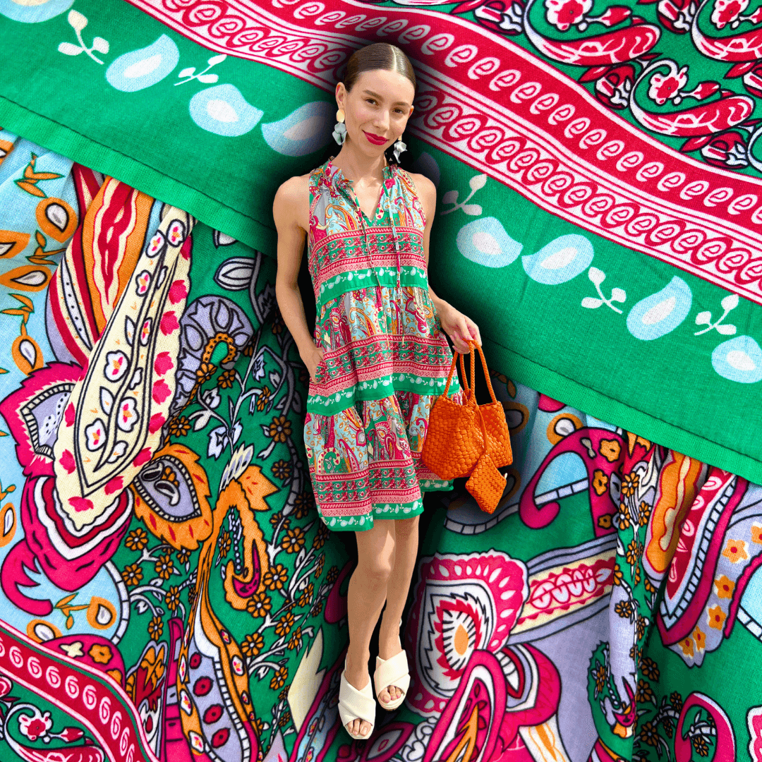 Paisley Border Print Dress | Women's Colorful Dresses | Summer Fashion Grn/Pnk / M Paisley Border Print Dress | Women's Colorful Dresses | Summer Fashion Grn/Pnk / M