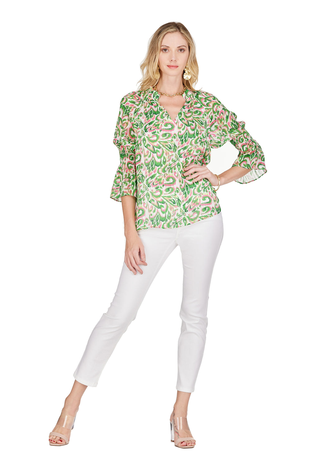 pink and green print jade brand blouse tres chic online boutique near me houston texas summer spring clothing
