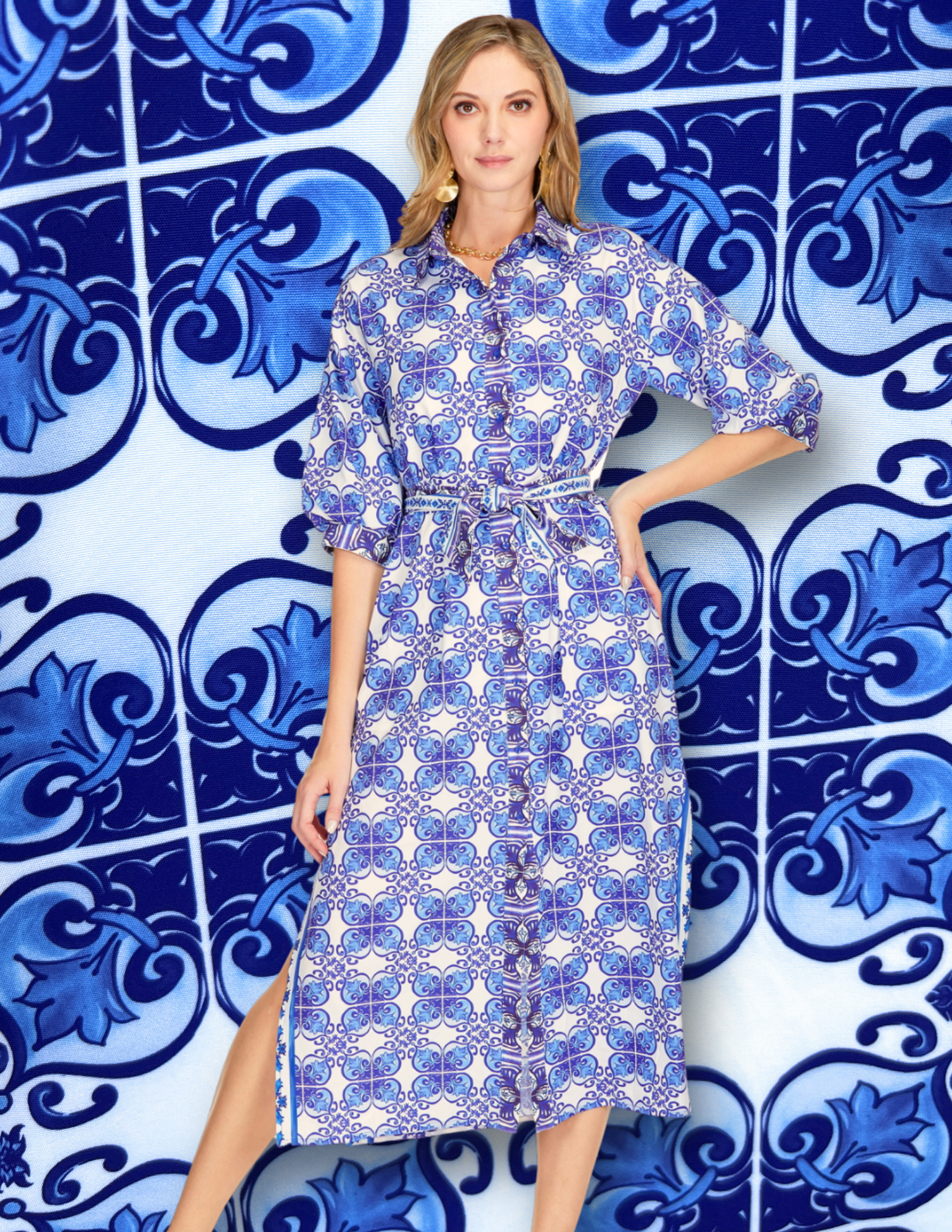 Damask Tile Print Maxi Shirt Dress | Best Online Women's