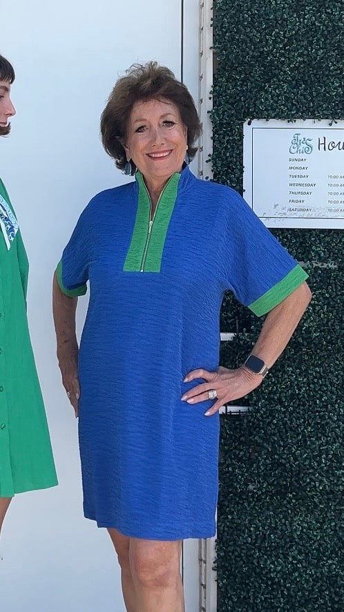 Blue Textured Dress with Green Trim Blue / S