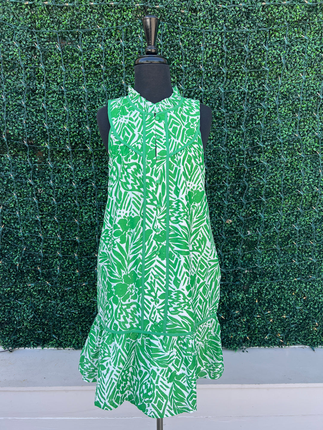 sleeveless yoked green and white print dress trendy womens online boutique