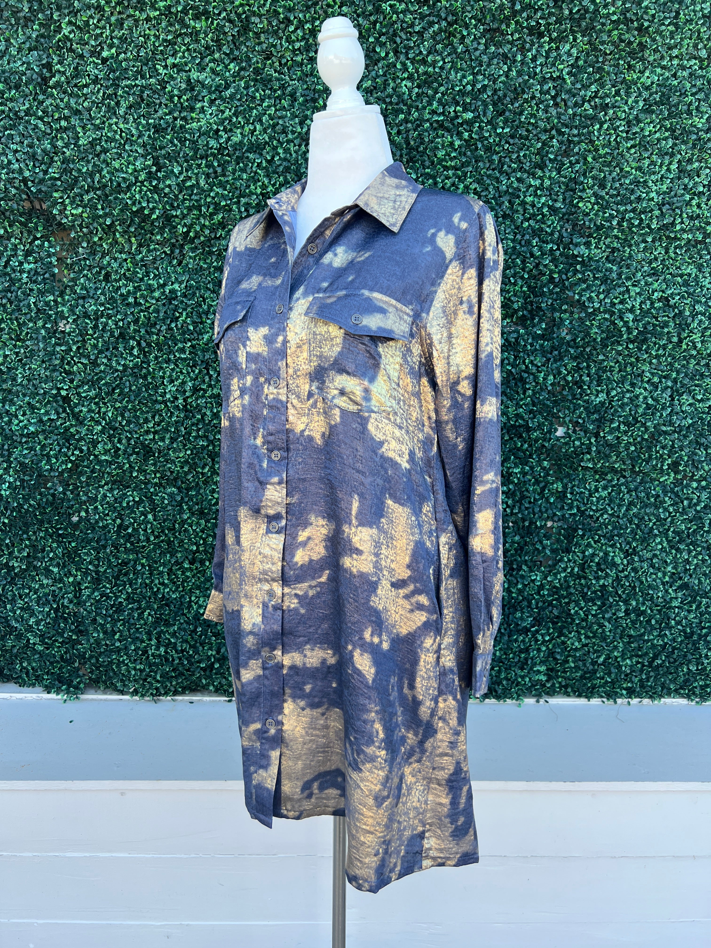 Metallic Splashed Denim & Gold Shirt Dress