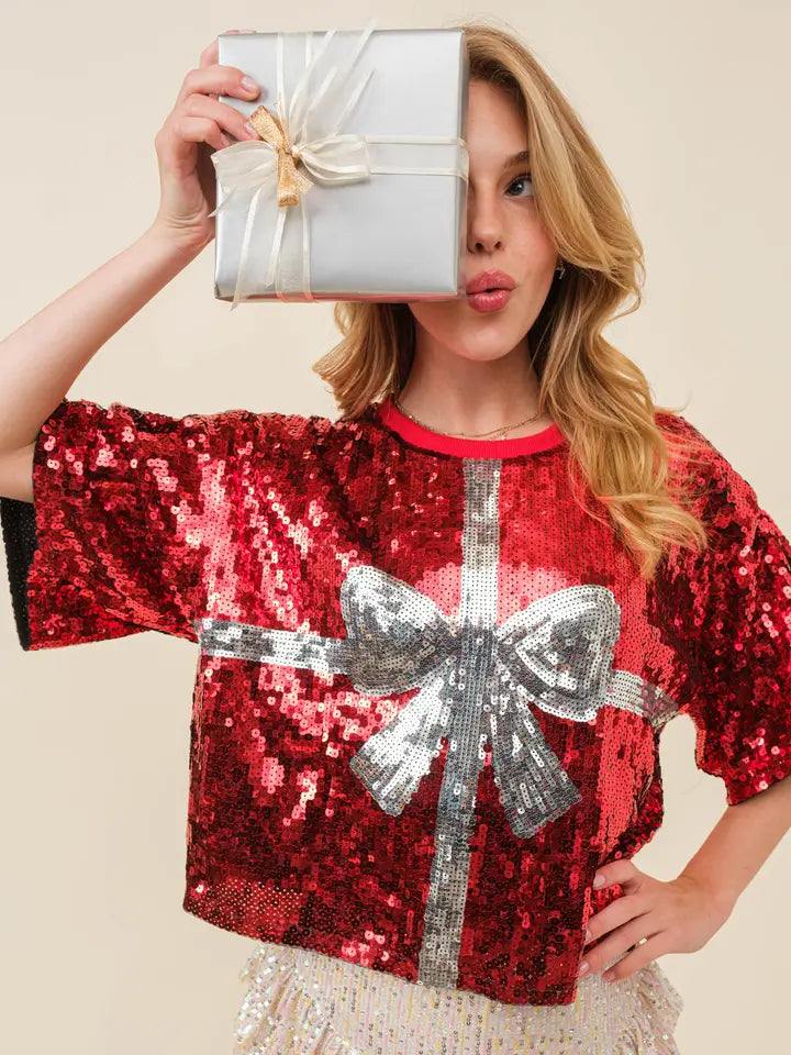 Sequin Gift Wrapped Present Tee | Holiday Outfit Ideas
