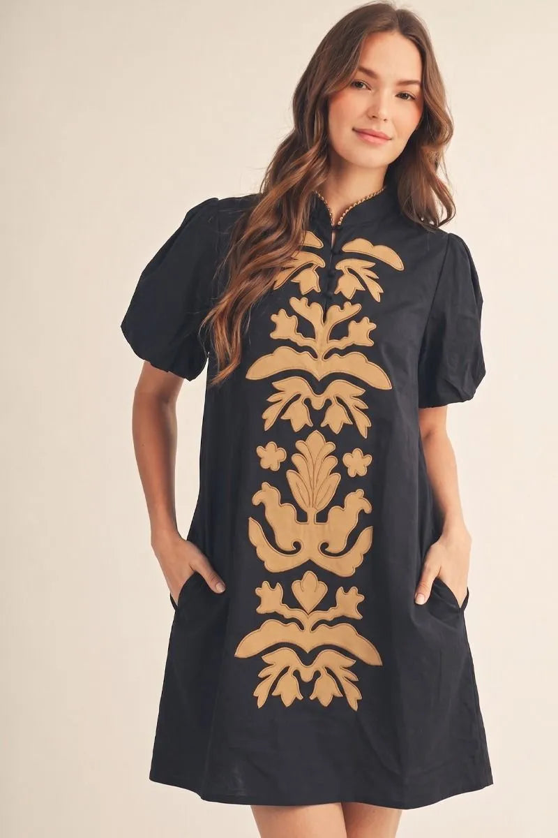 Vertical Embroidered Fall Cotton Dress Black / S