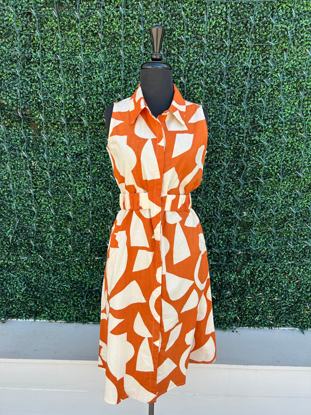 Geometric Print Midi Dress burnt orange cotton dress boutique near me houston texas 