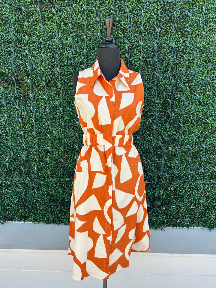 Geometric Print Midi Dress burnt orange cotton dress boutique near me houston texas 