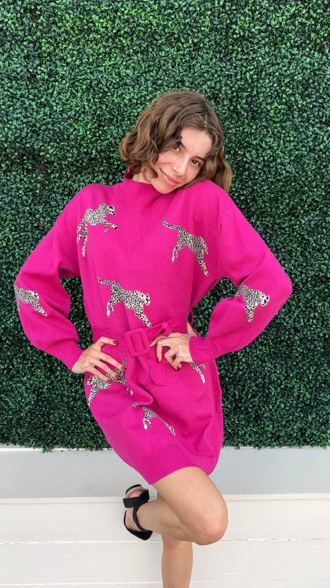 hot pink magenta Pink Cheetah Sweater Dress with belt entro