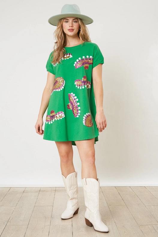 green cotton fiesta dress with sequin sombreros trendy online boutique