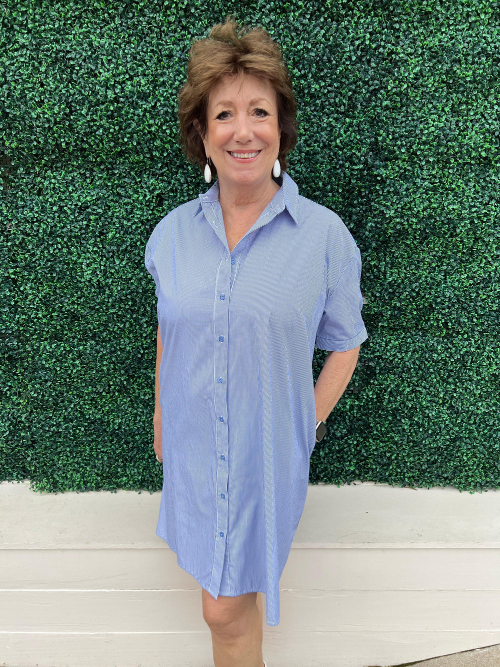 Button-Up Pinstripe Shirt Dress molly bracken womens boutique over 65