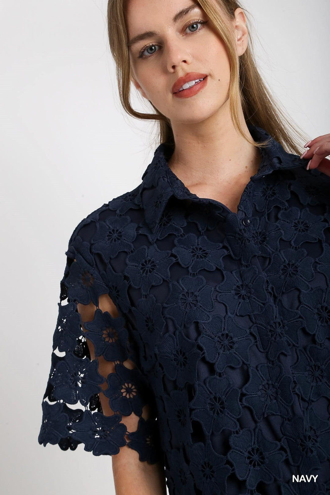 navy floral lace button up dress Umgee brand