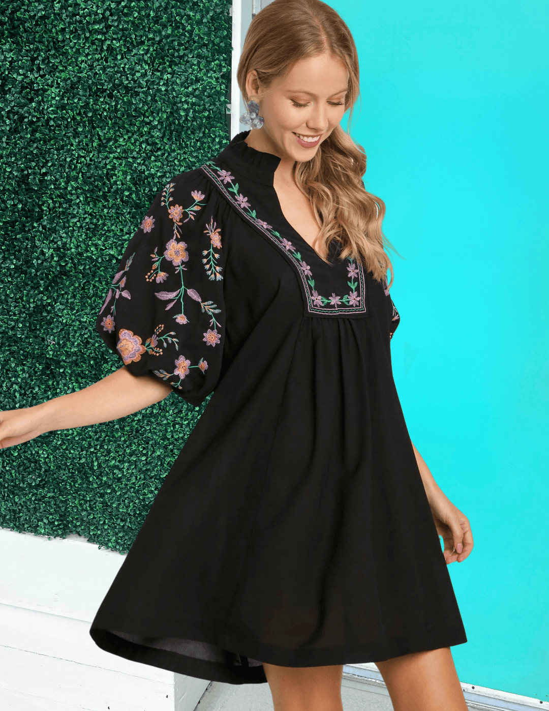 Ruffle Neck Embroidered Dress