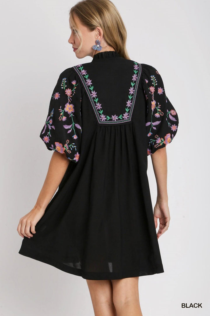 Ruffle Neck Embroidered Dress