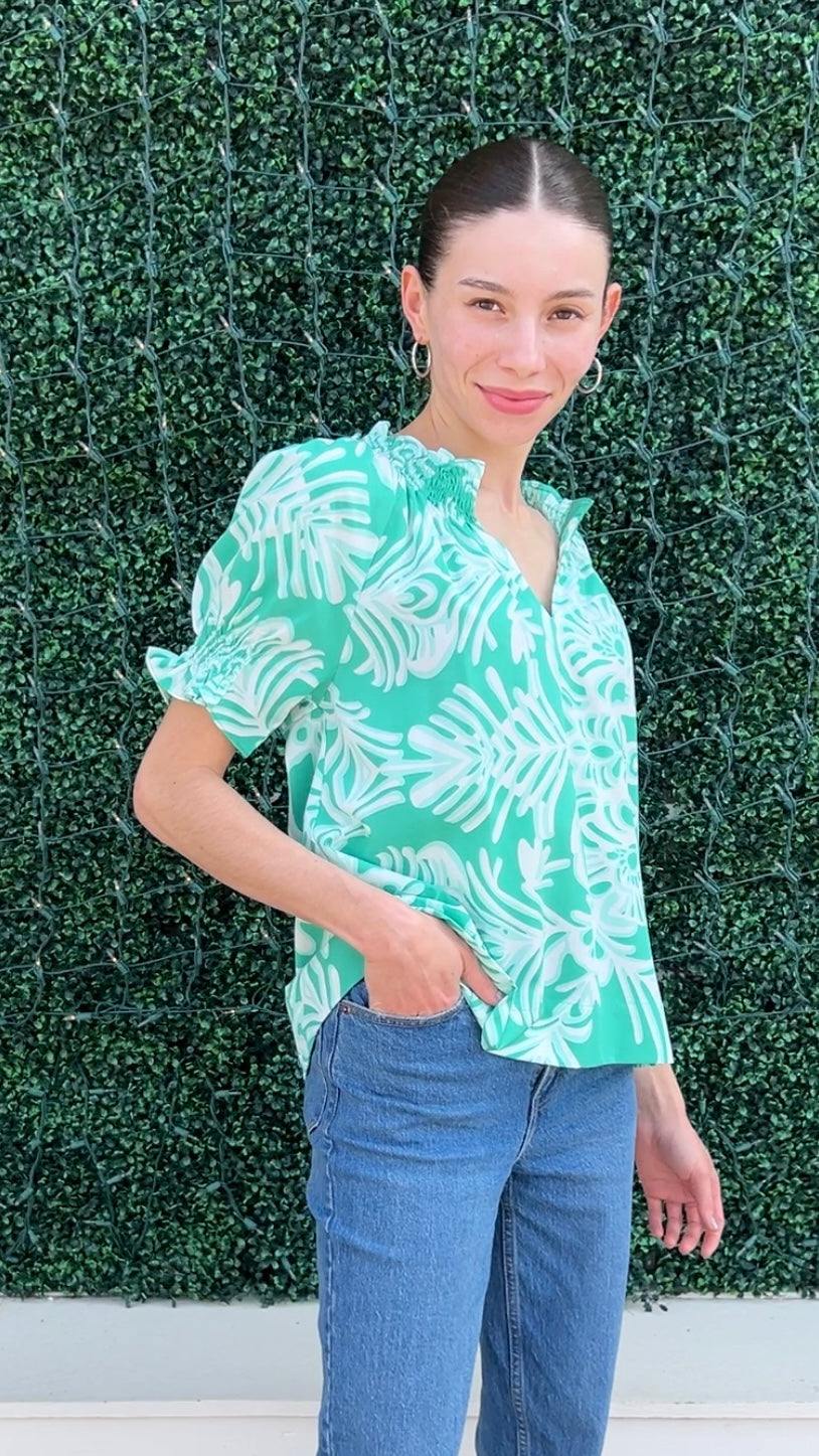 tres chic houston boutique near me with jade brand blouses mint with white swirls