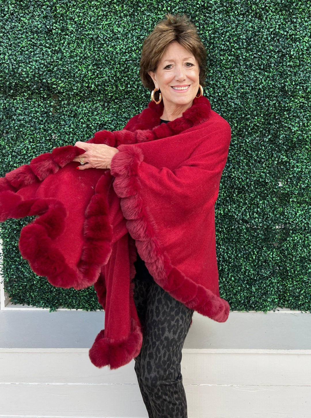 tres chic boutique Faux Fur Trim Cape womens OS gift ideas online store red