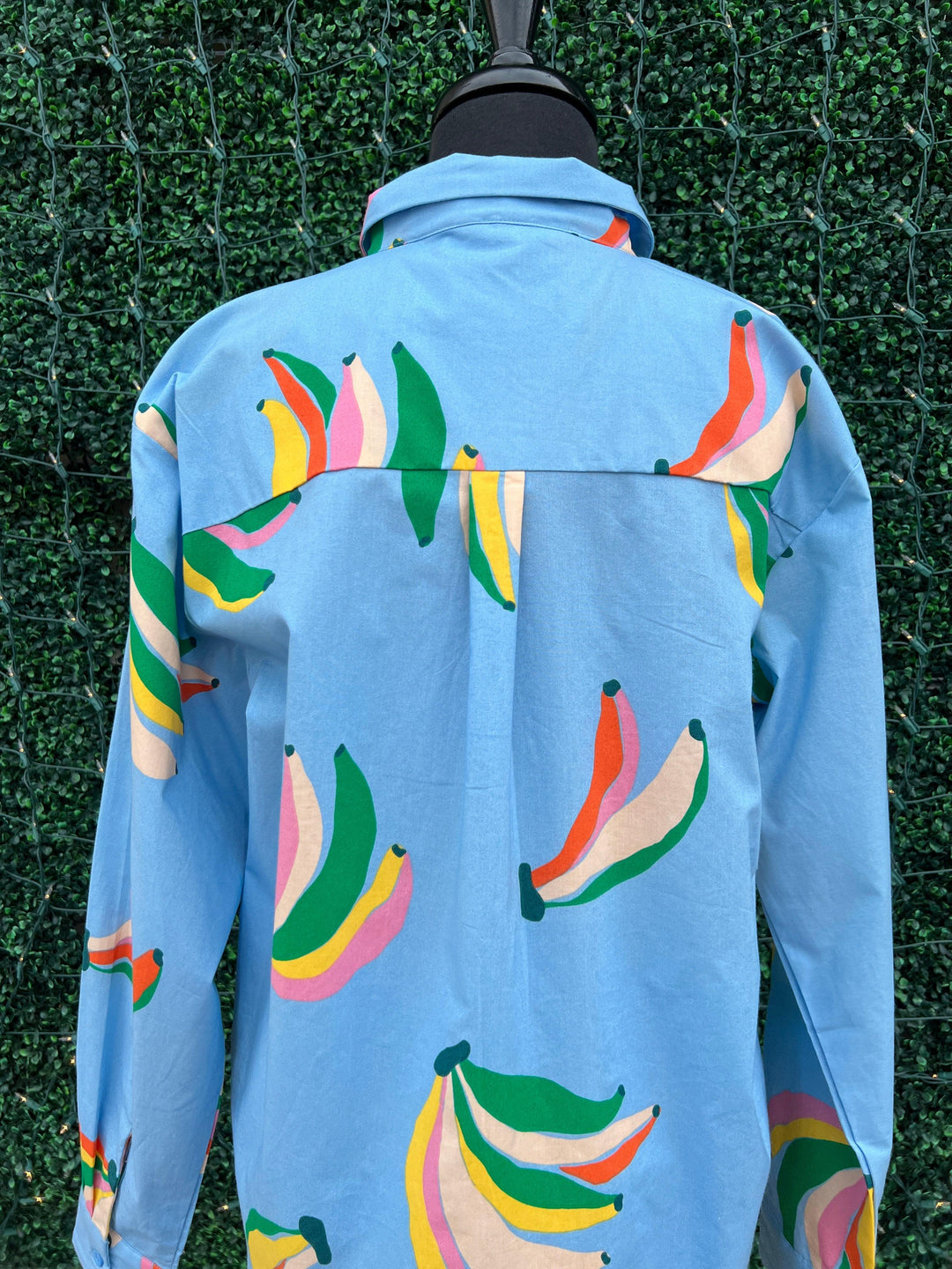 banana print cotton button up long sleeve womens online boutique blue orange pink green and yellow