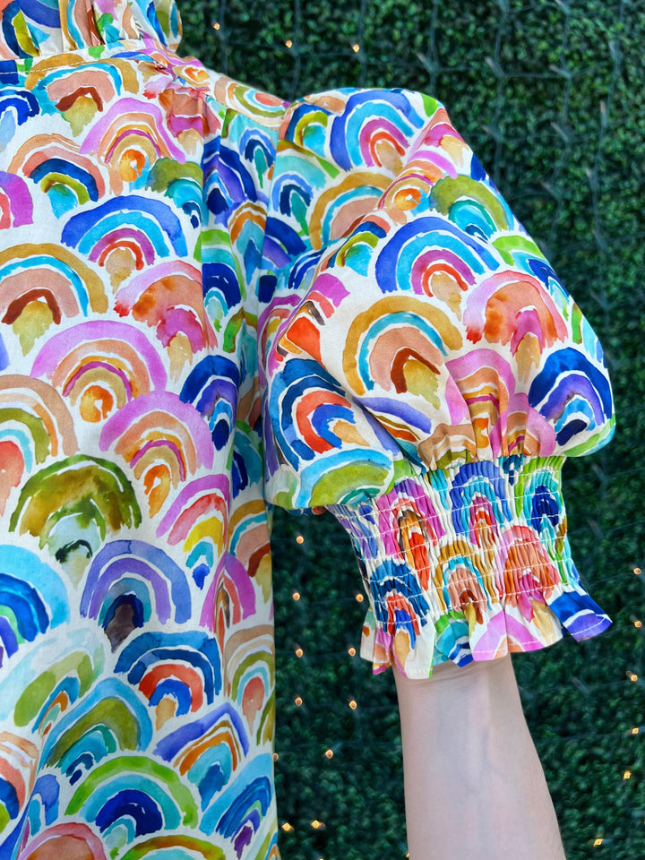 Rainbow Cotton Blouse cream background joy joy brand button up trendy boutique