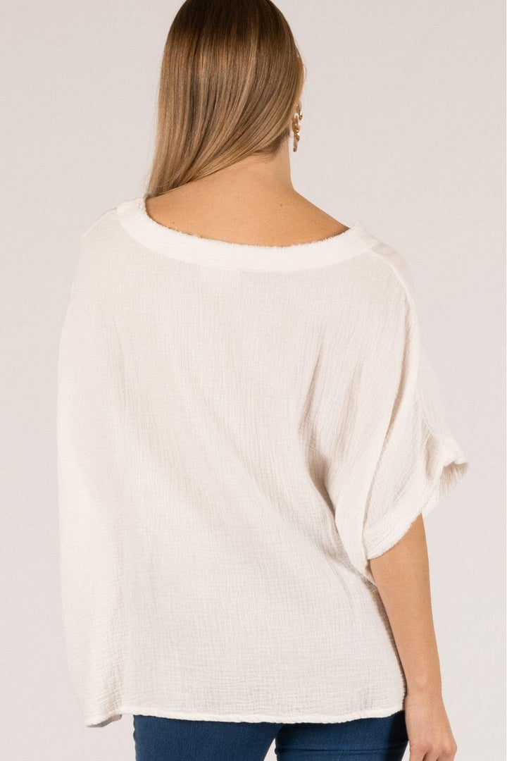 gauze oversized blouse off the shoulder before you collection brand tres chic boutique trendy