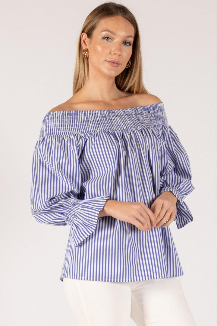 cotton blouse off the shoulder blue and white vertical stripes trendy online boutique