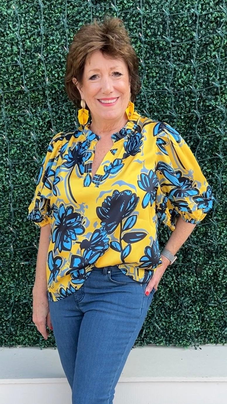 bright yellow blouse v neck silky with blue floral vivd print jade brand boutique spring summer