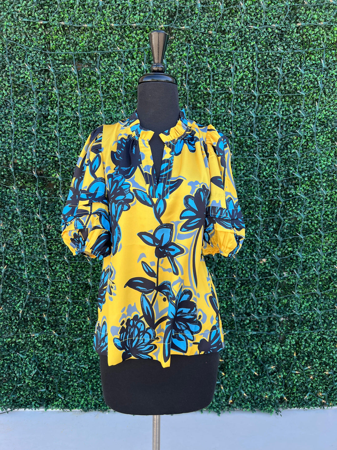 bright yellow blouse v neck silky with blue floral vivd print jade brand boutique spring summer