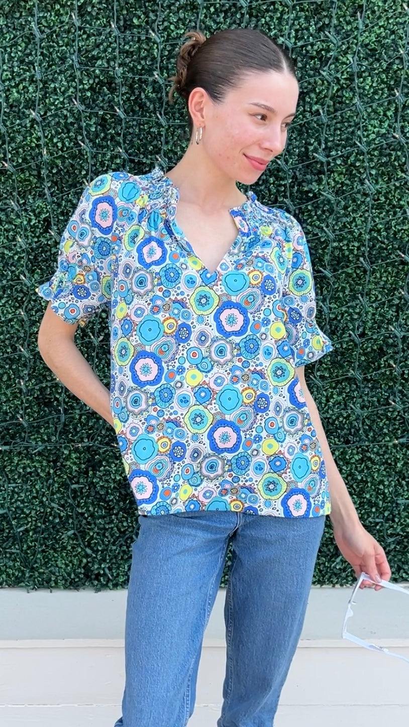 jade brand blue and green blouse v neck covers arms funky print