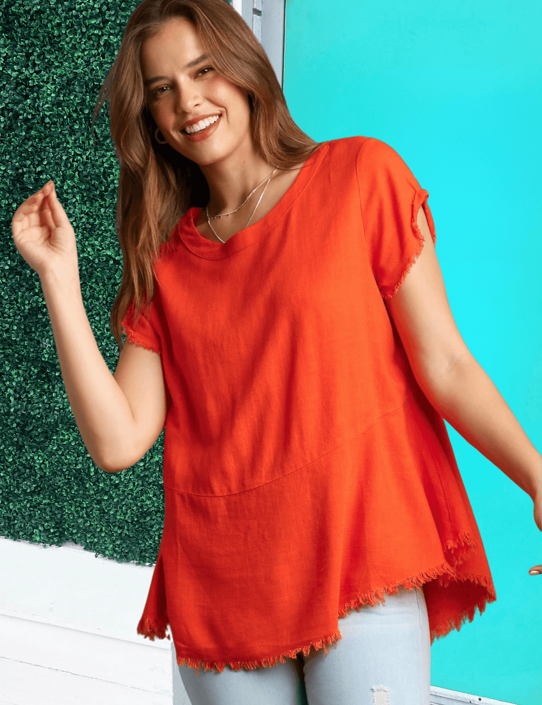 linen blend slim fit cap sleeve orange top with middle seam