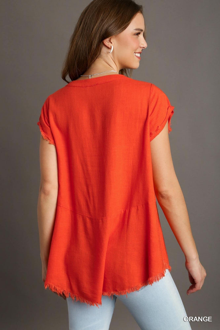 linen blend slim fit cap sleeve orange  top with middle seam