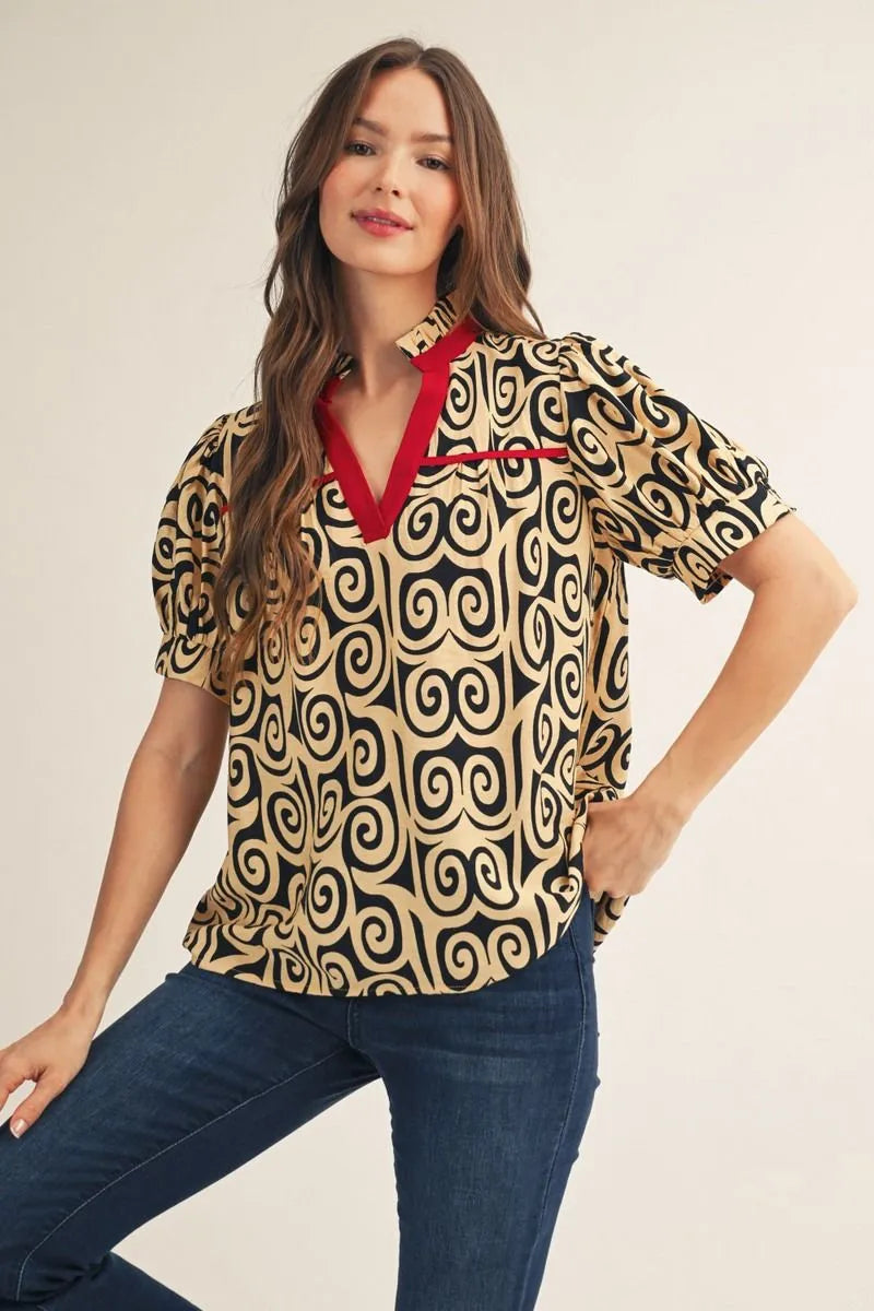 Ruffle Swirl Red Detail Blouse