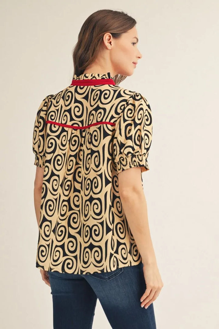 Ruffle Swirl Red Detail Blouse