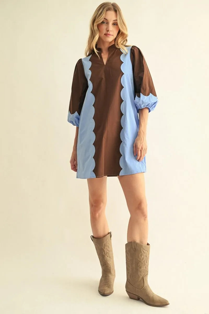 Blue and Brown Scallop Dress