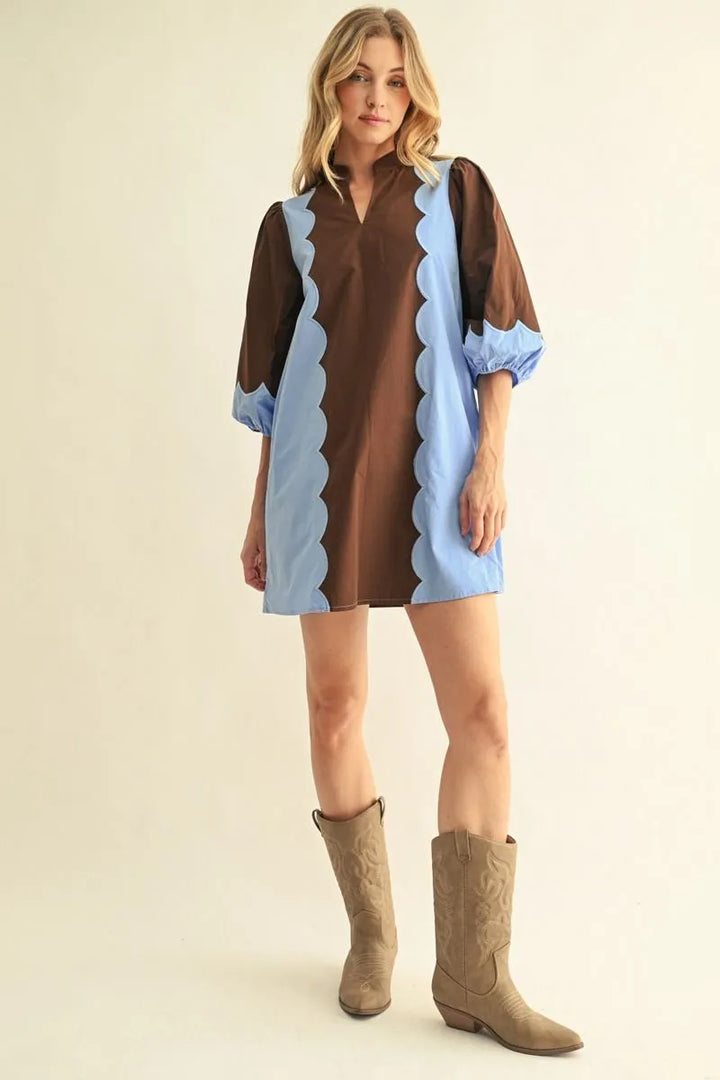 Blue and Brown Scallop Dress