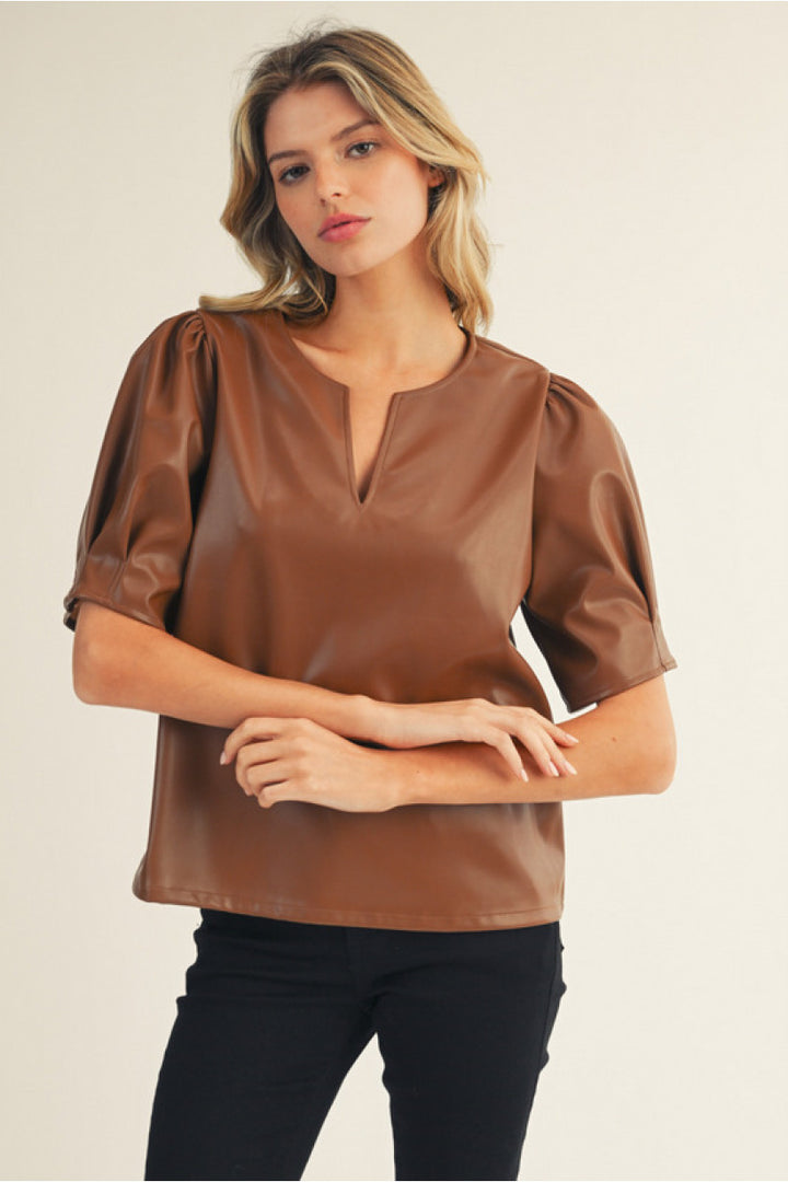 Brown Pleather Puff Sleeve Blouse