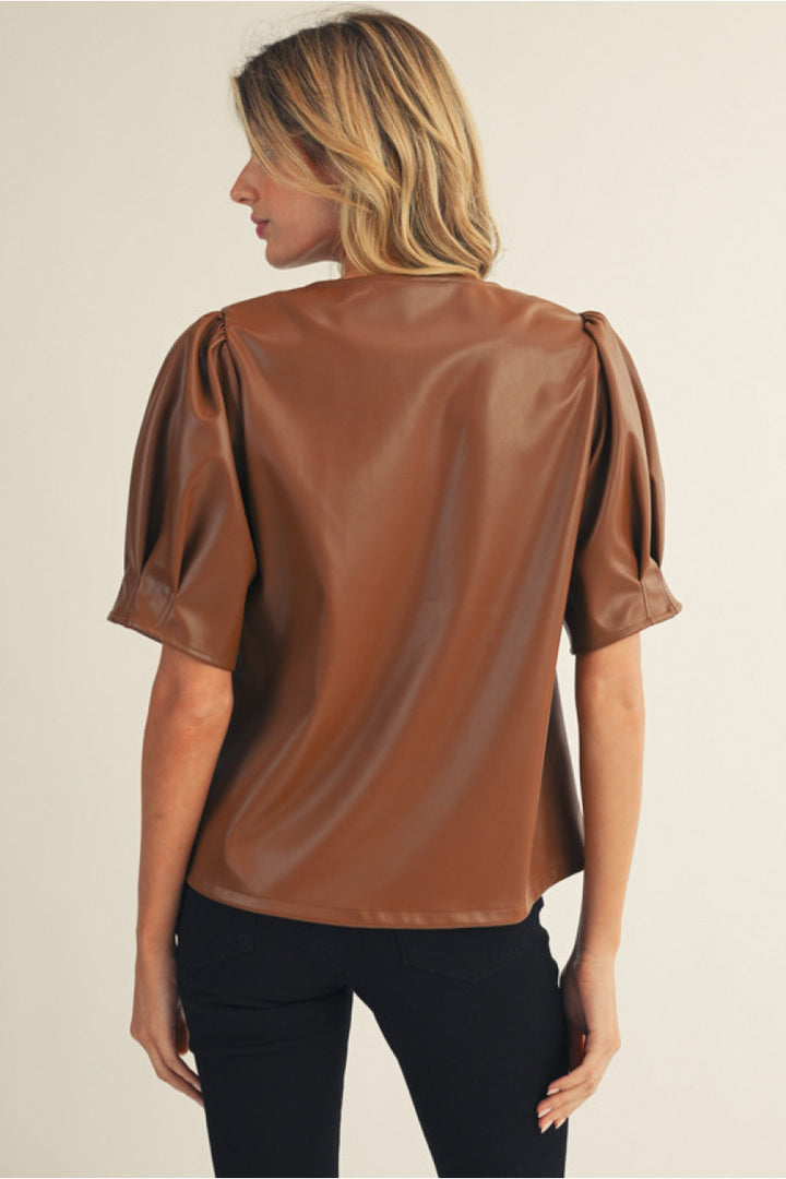 Brown Pleather Puff Sleeve Blouse