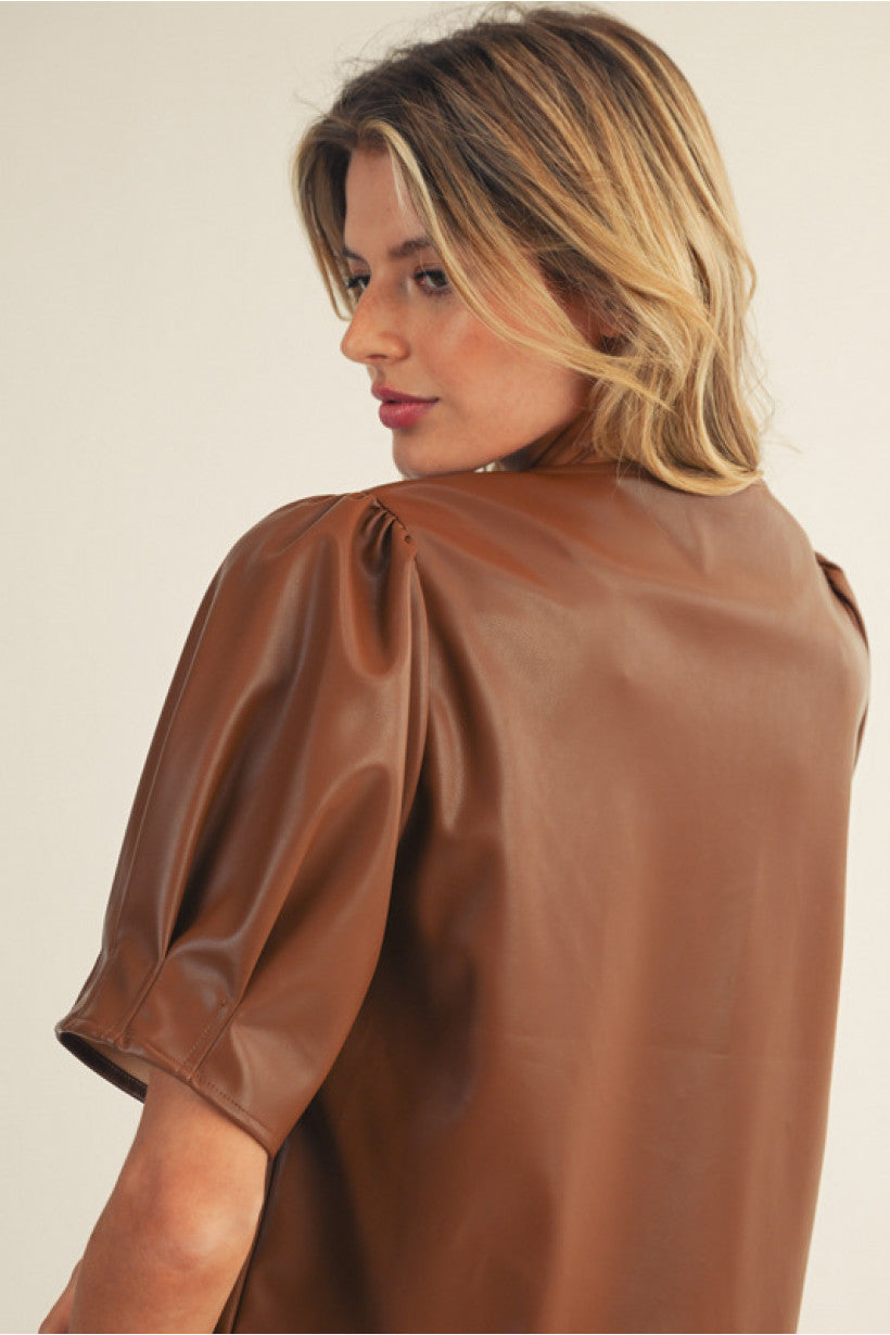 Brown Pleather Puff Sleeve Blouse