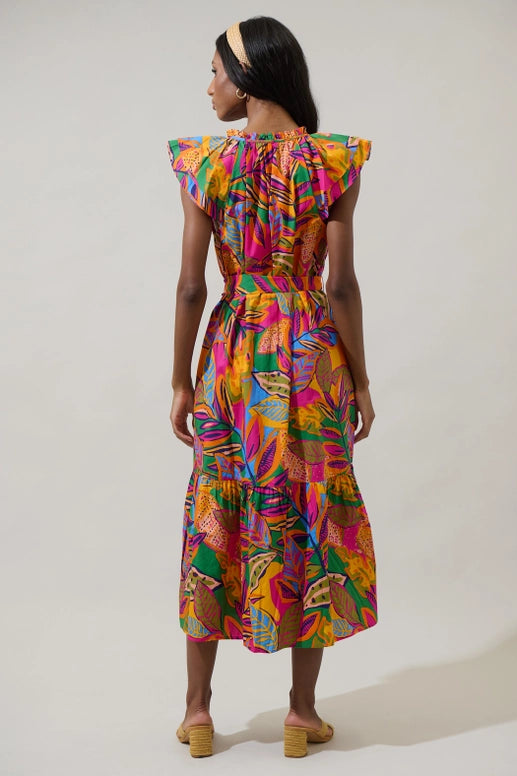 Ruffle Jungle Print Midi Dress pockets cotton colorful resort wear boutique back