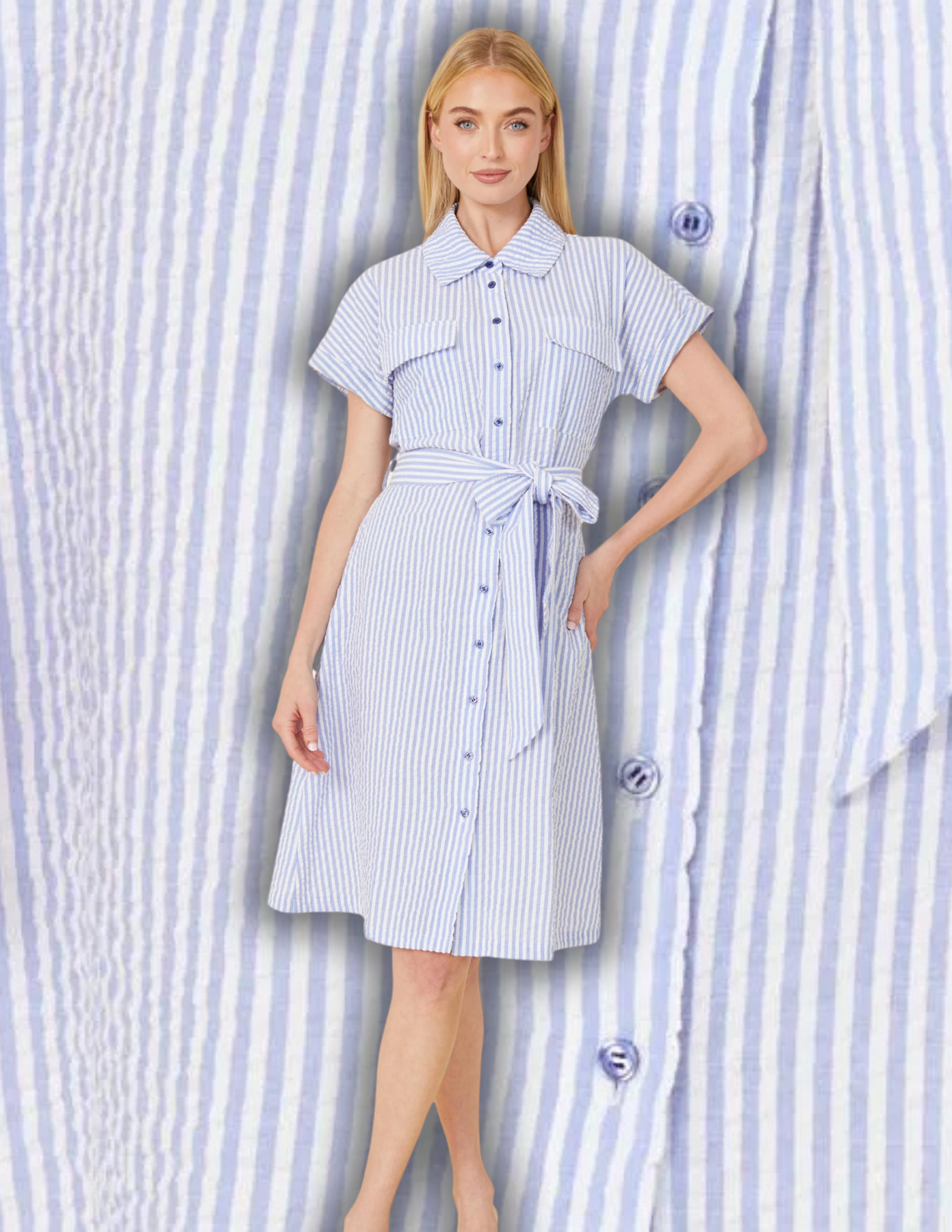 Striped Seer Sucker Belted Dress Blue/White / M