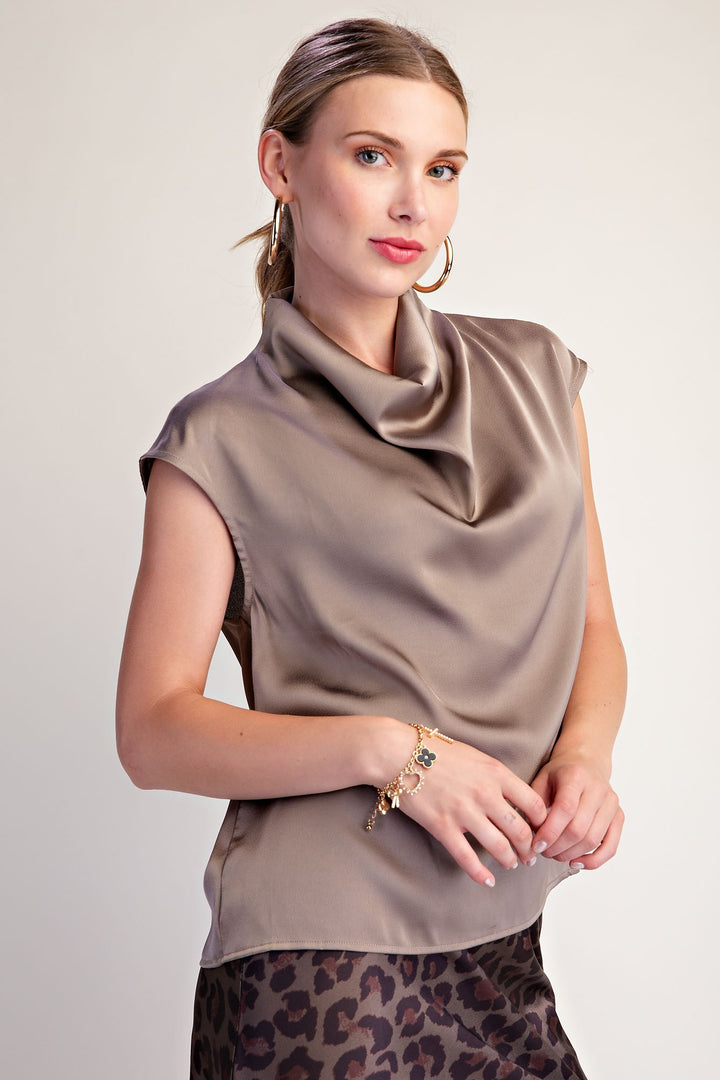 Cowl neck slvs satin top