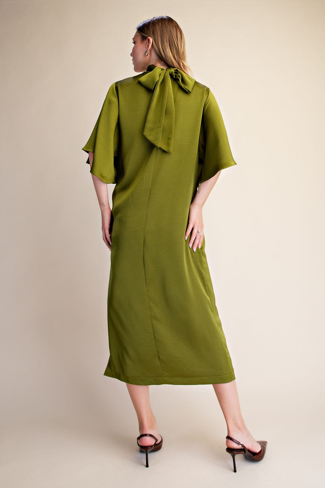 Olive Satin Midi Dress