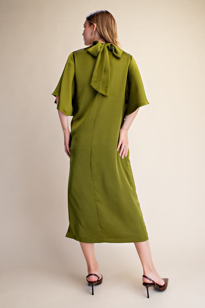Olive Satin Midi Dress