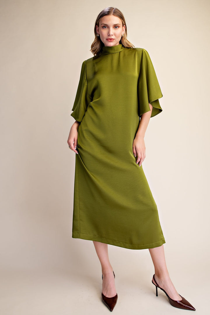 Olive Satin Midi Dress