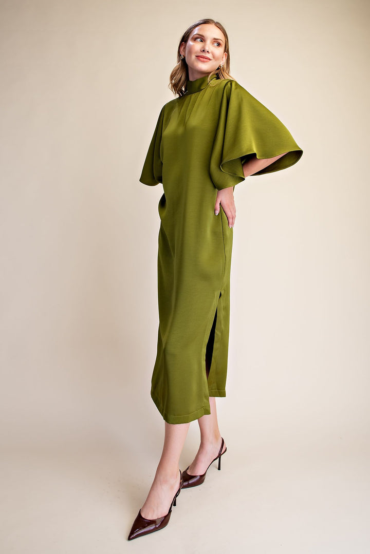 Olive Satin Midi Dress