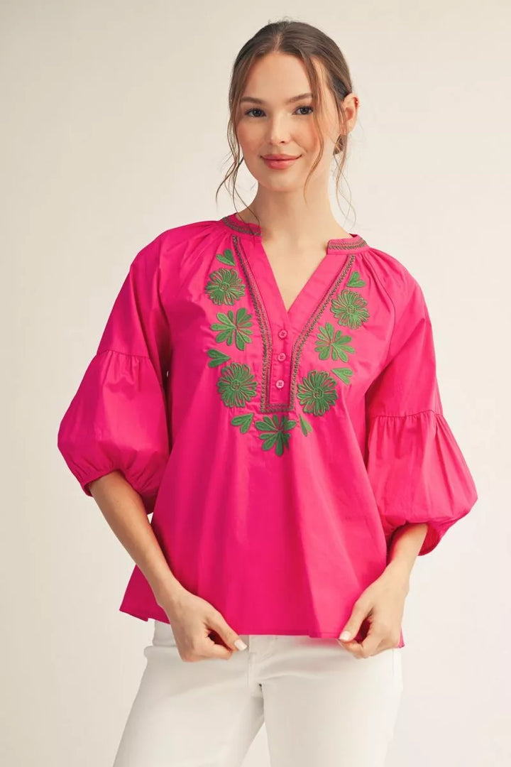 Cotton Embroidered Bishop Sleeve Blouse