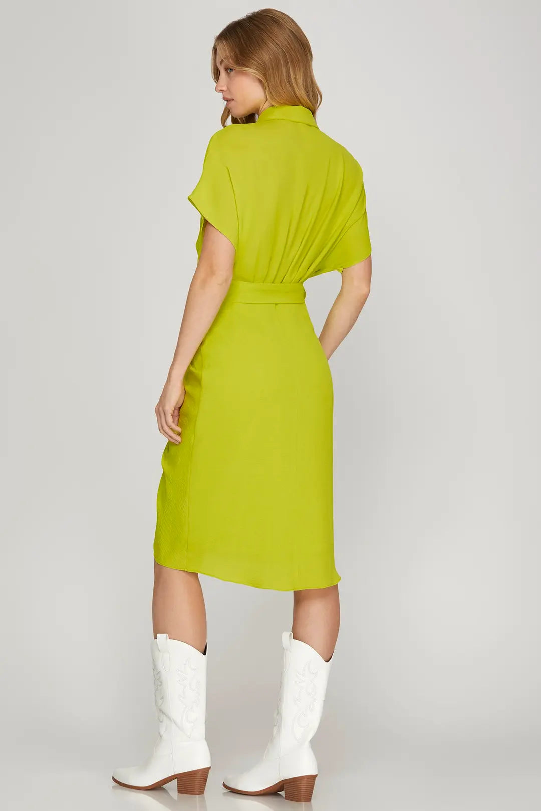 Chartreuse Ruched Waist Midi Dress
