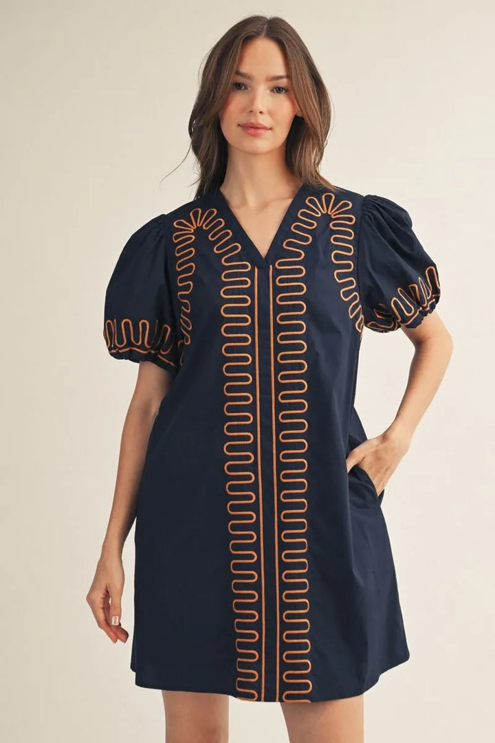 Scallop Embroider Cotton Navy Dress