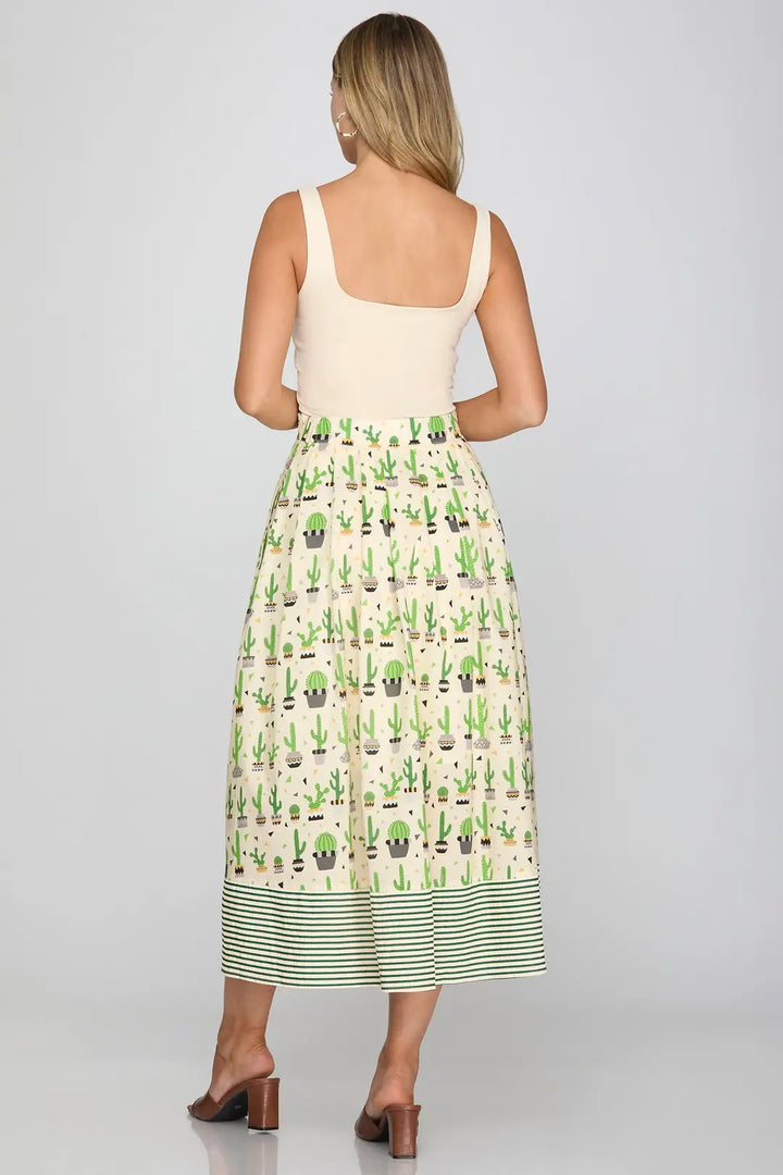 Cacti Print Midi Skirt