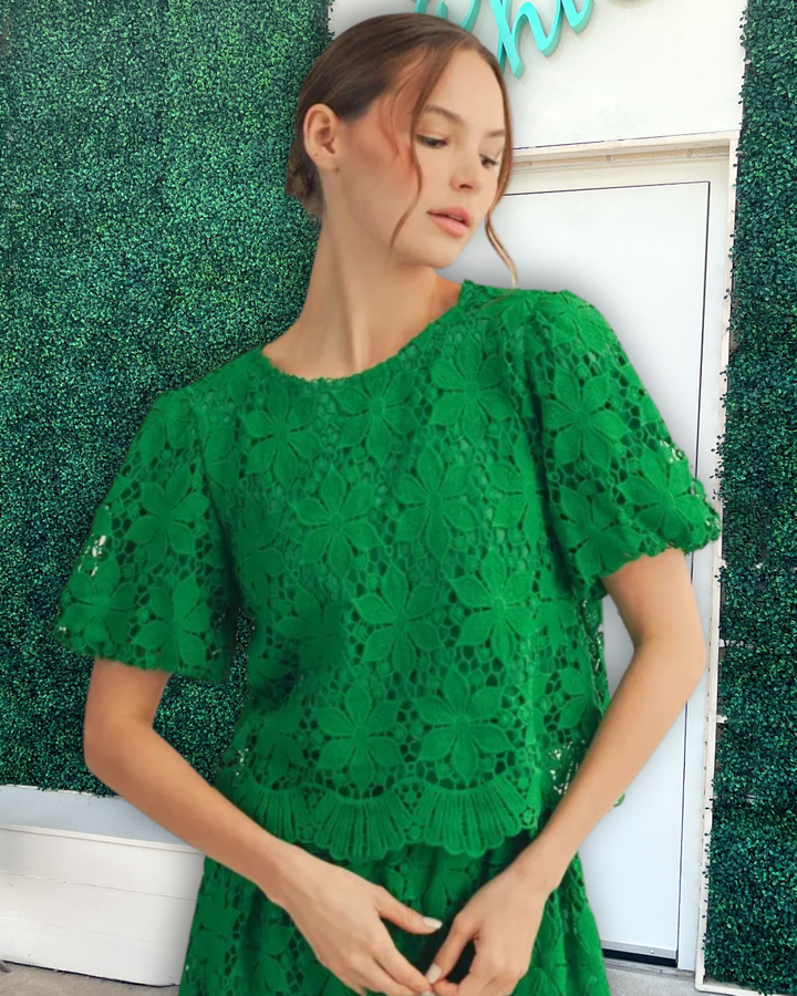 Green Lace Puff Sleeve Blouse
