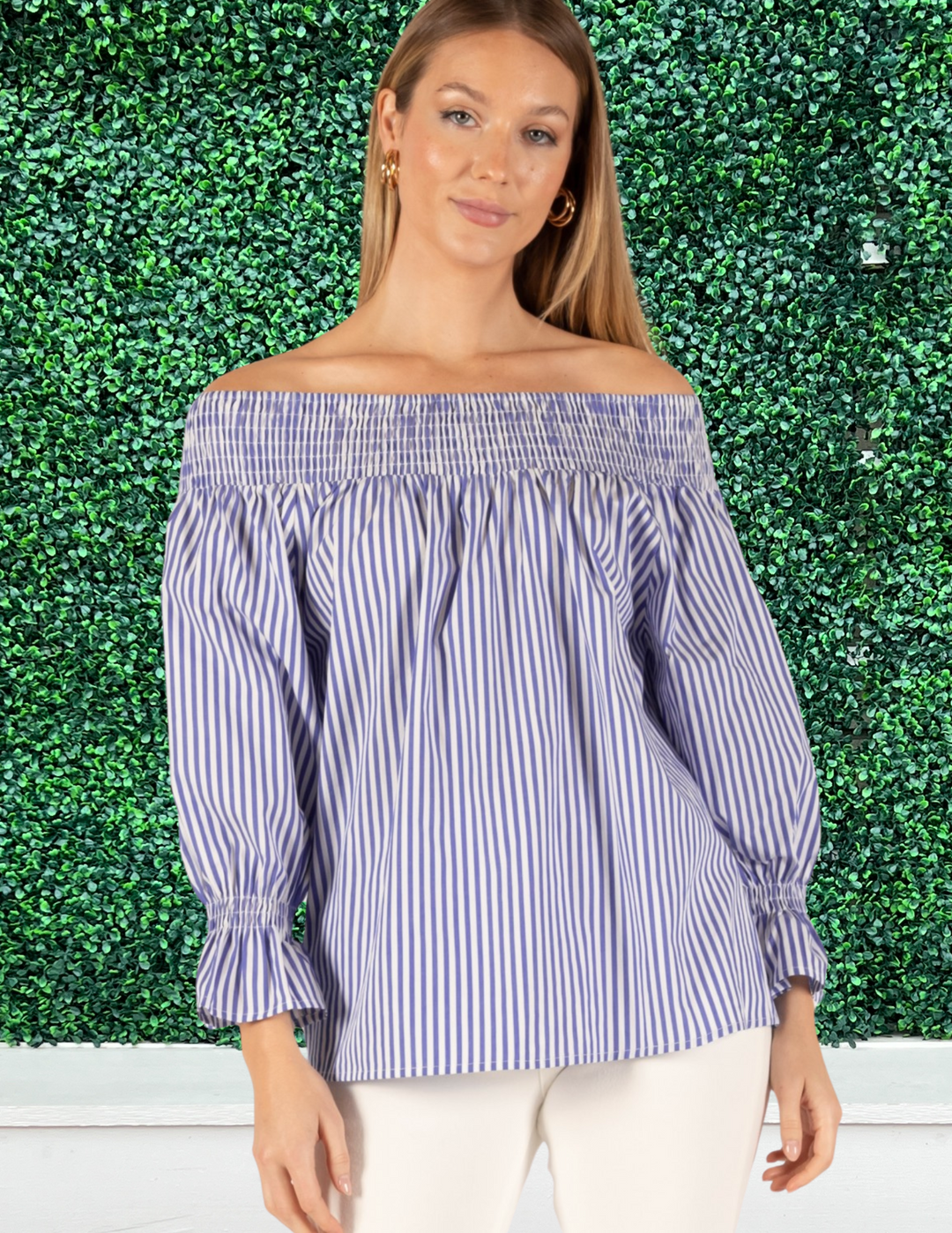 cotton blouse off the shoulder blue and white vertical stripes trendy online boutique