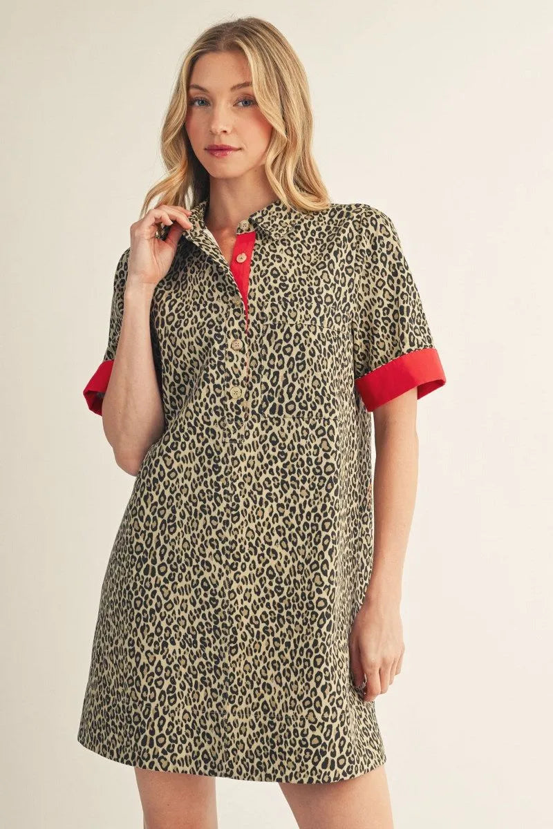 Leopard Print Red Trim Mini Dress large