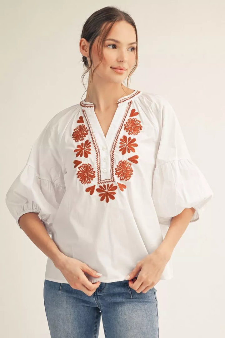 Cotton Embroidered Bishop Sleeve Blouse