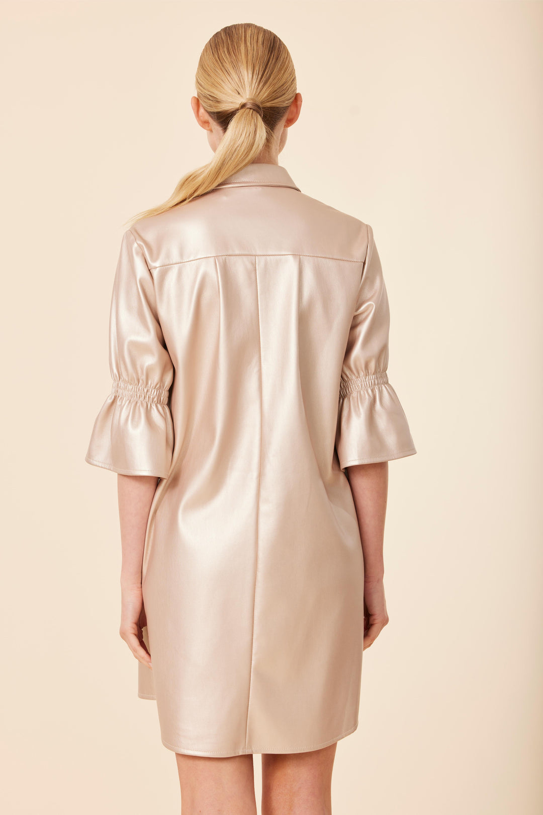Pink Faux Leather Short Ruffle Dress | Dolce Cabo | Southern Style Pale Gold / M Pink Faux Leather Short Ruffle Dress | Dolce Cabo | Southern Style Pale Gold / M
